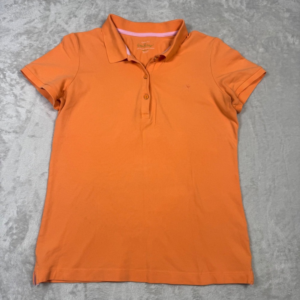 Lilly Pulitzer Chic Fit Polo Shirt Womens Medium Orange Palm Tree Pima Cotton